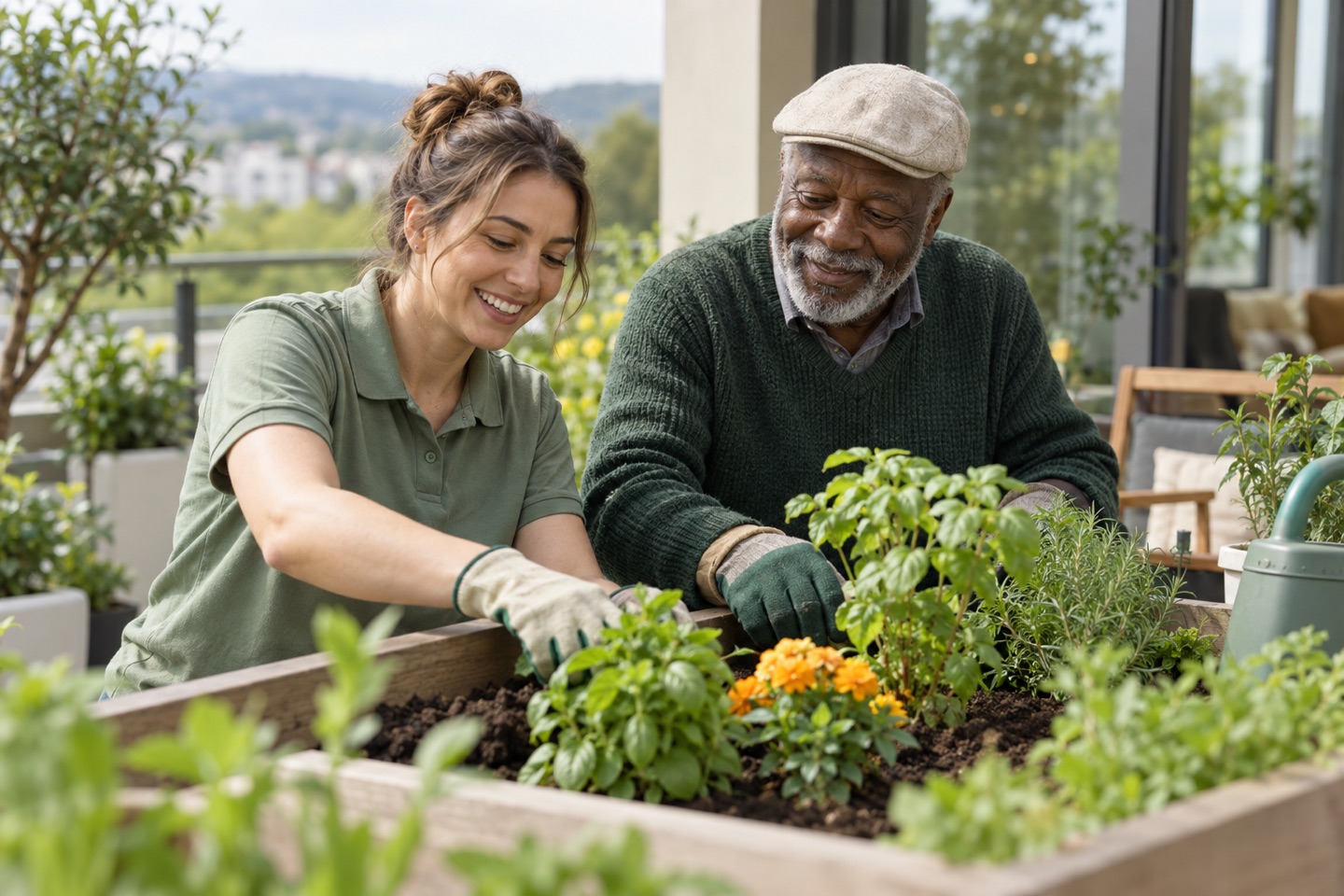 Illustrative support worker and older adult gardening together