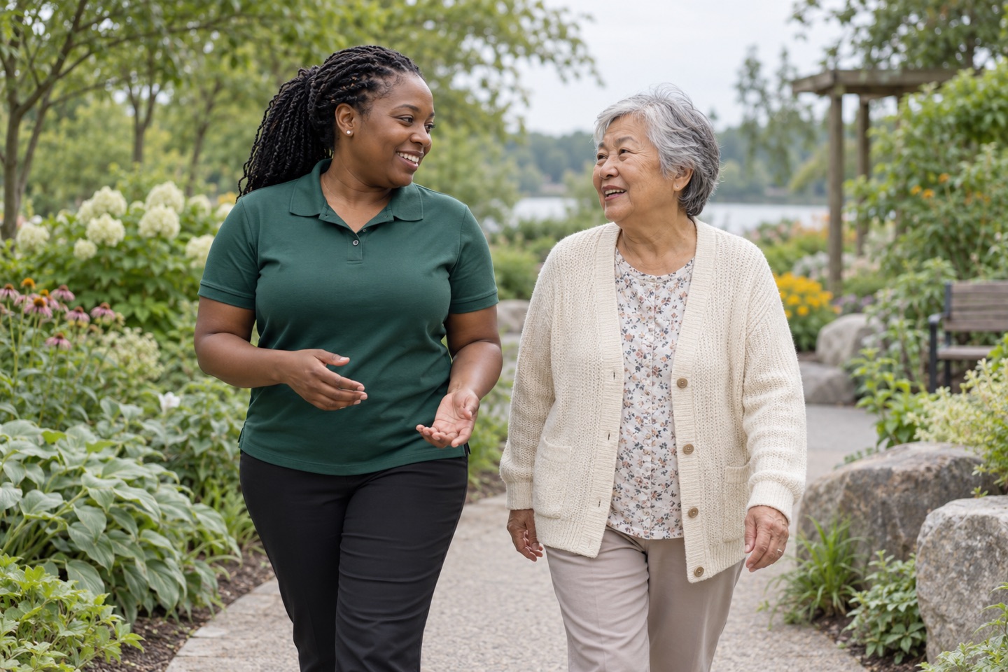 Illustrative support worker and older adult walking in a garden