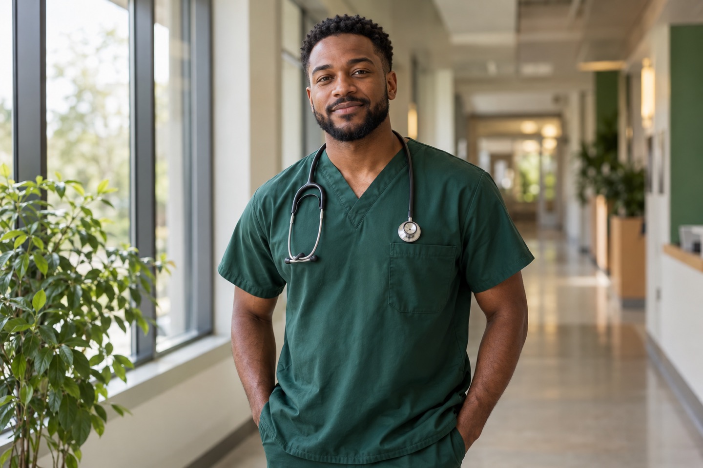 Illustrative healthcare professional in green scrubs