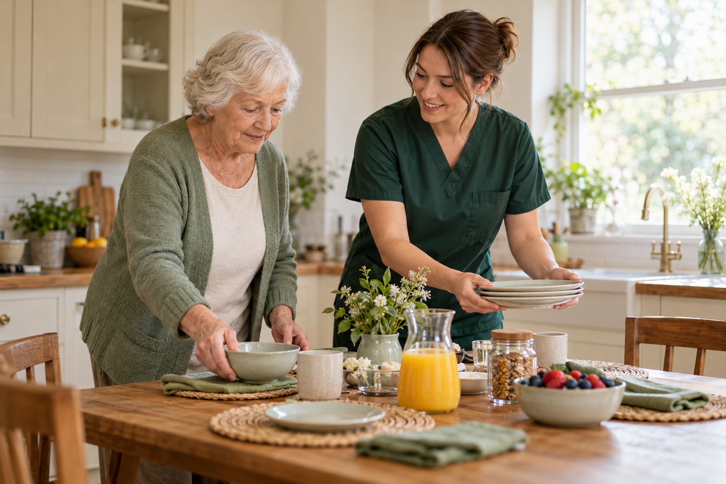 Illustrative support worker helping an older adult prepare a breakfast table