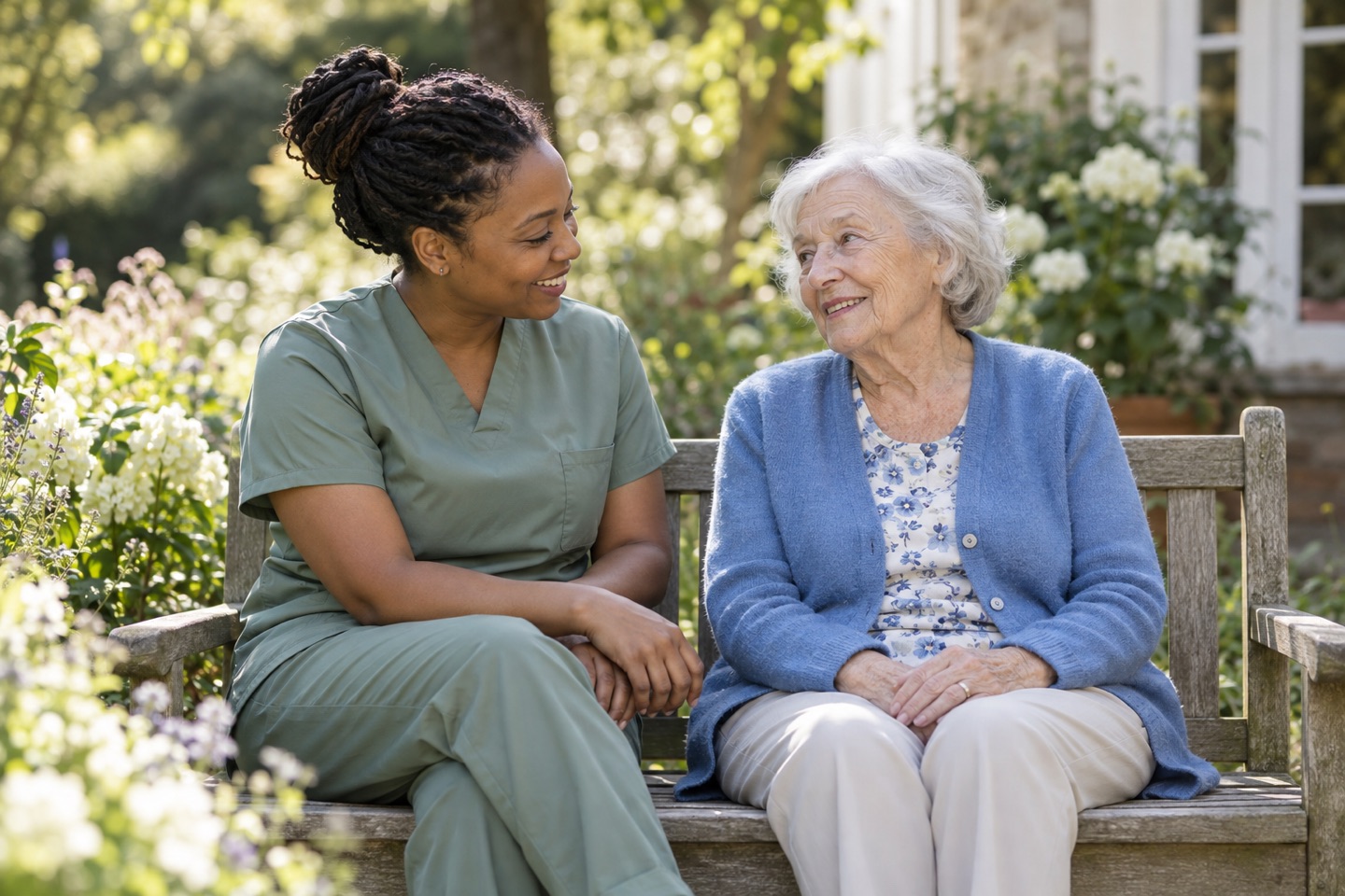 Illustrative support worker talking with an older adult on a garden bench