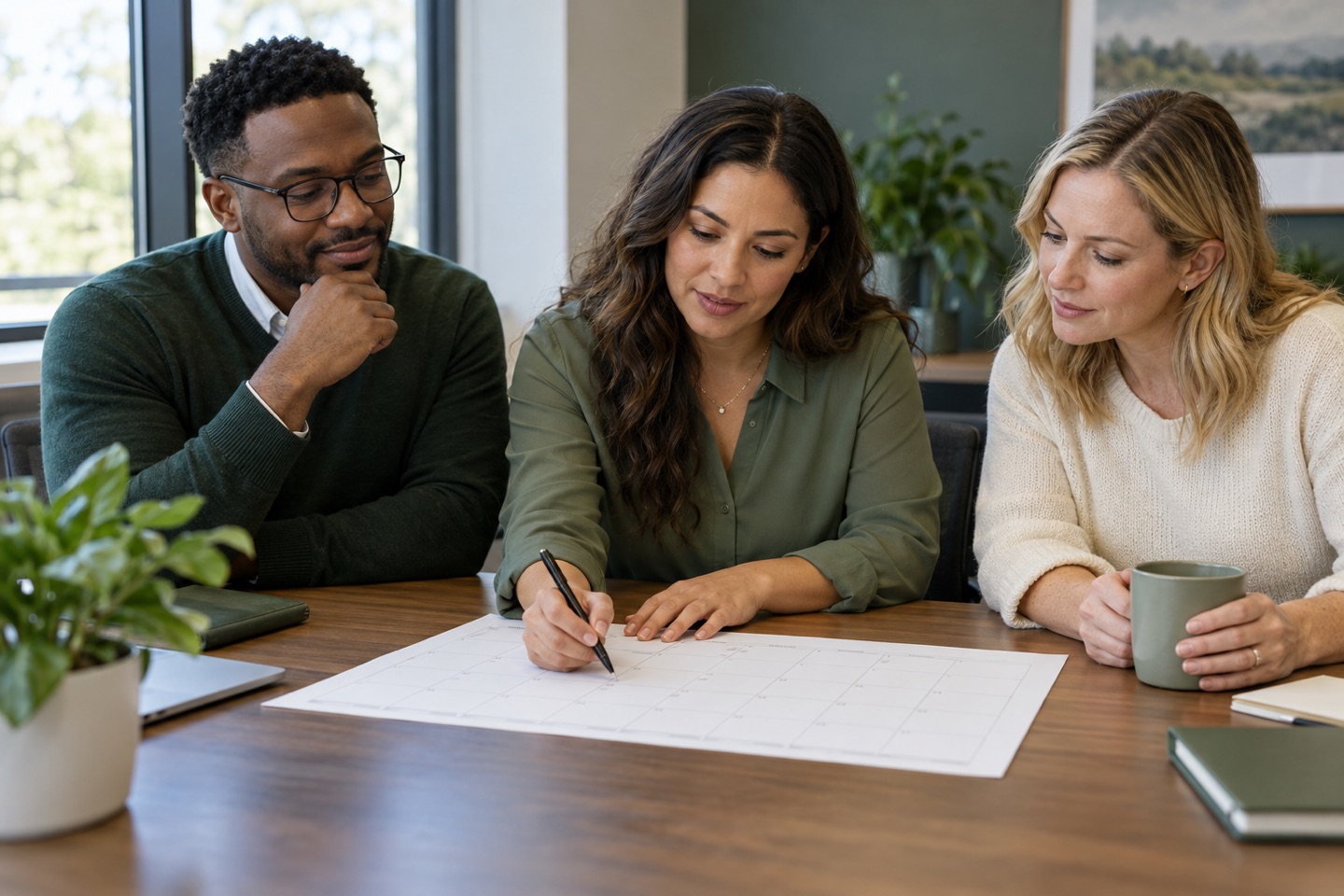 Illustrative healthcare coordinators reviewing a staffing schedule
