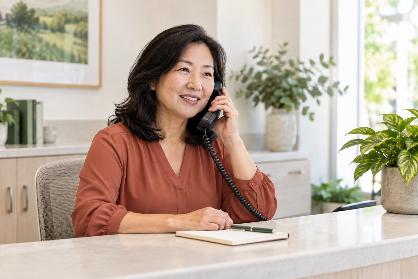 Illustrative healthcare coordinator speaking on the telephone