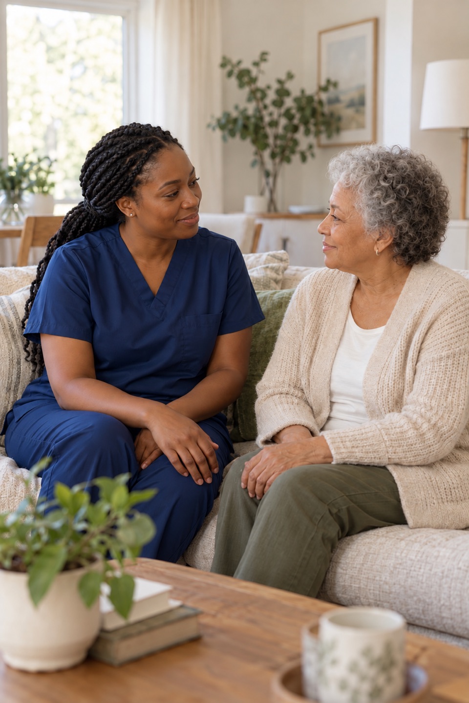 Illustrative caregiver talking with an older adult at home