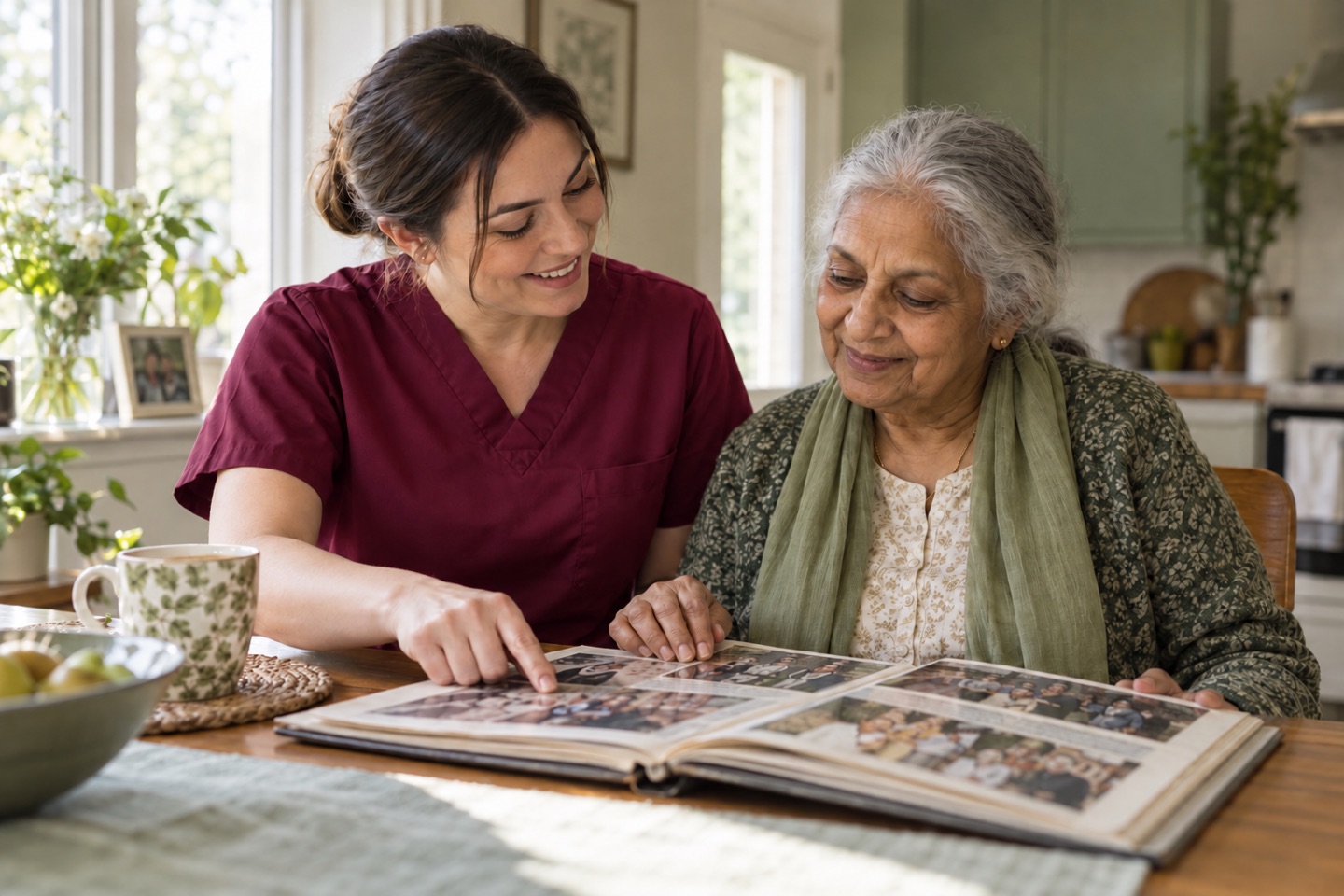 Illustrative support worker and older adult looking at a photo album