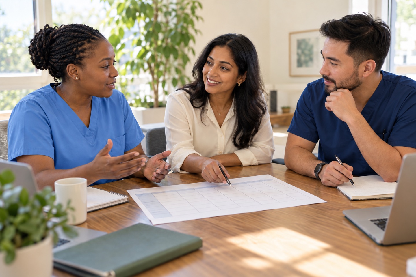 Illustrative healthcare colleagues planning together