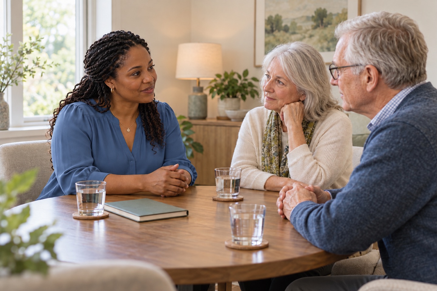 Illustrative coordinator listening to an older couple