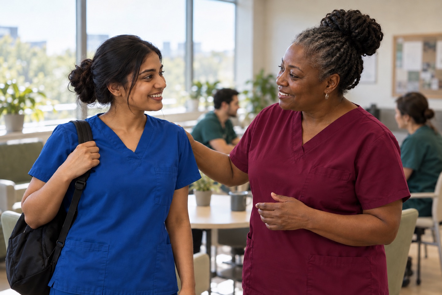 Illustrative experienced nurse welcoming a colleague